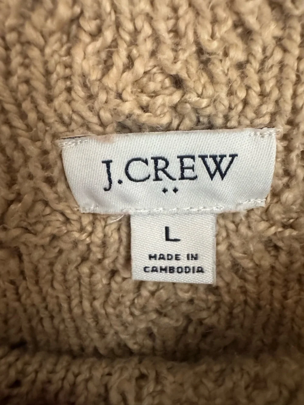 J.Crew Cable Knit Sweater Tan Neutral Chunky Crewneck Pullover Size L Classic